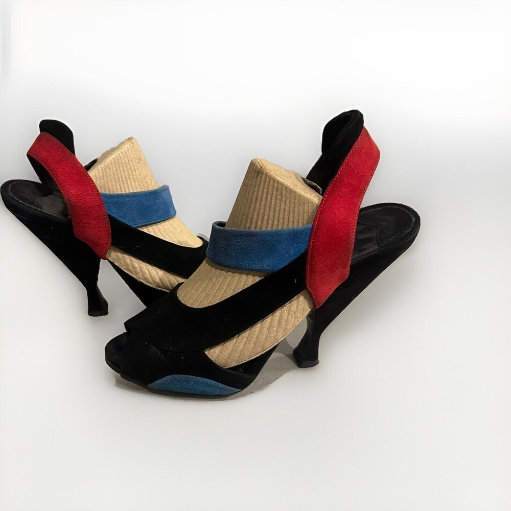 Prada Suede Heels Womens 7.5 Black Blue Red Colorblock Slingback Peep Toe Pumps